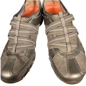 Skechers Womens Metallic Gold Suede Hook Loop Strap Sneakers Low Top Shoes